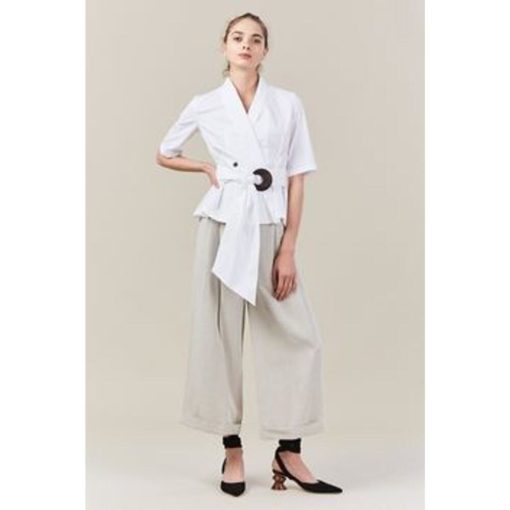 New Isa Arfen Poplin Double Button Pleated Robe Top With Sash $565 Sz 4 White